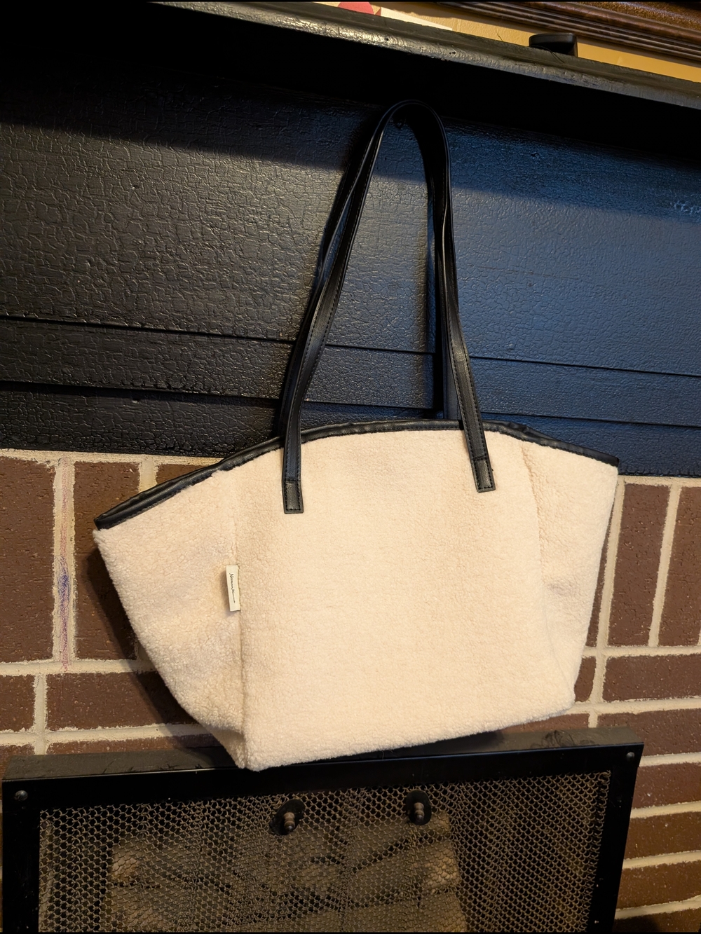 Neiman Marcus Cream Sherpa Tote with Black Faux Leather Handles and Trim